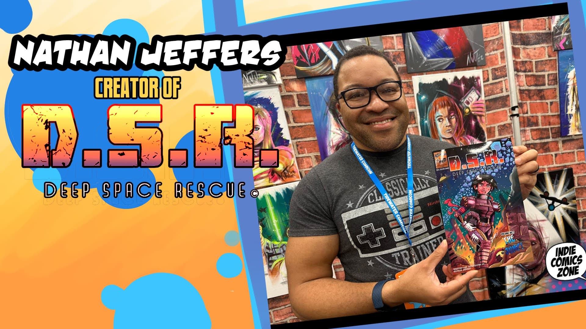 Nathan Jeffers at a convention booth holding a copy of D.S.R. Deep Space Rescue.
