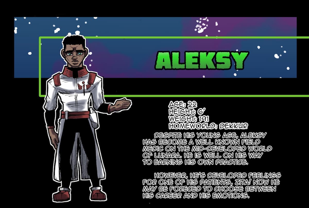 Character card artwork for Aleksy from D.S.R. Deep Space Rescue.