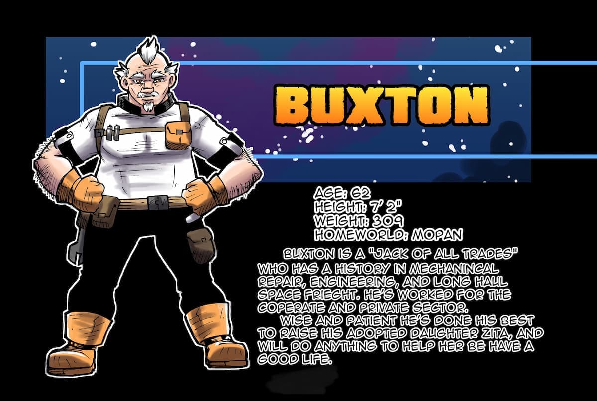 Character card artwork for Buxton from D.S.R. Deep Space Rescue.